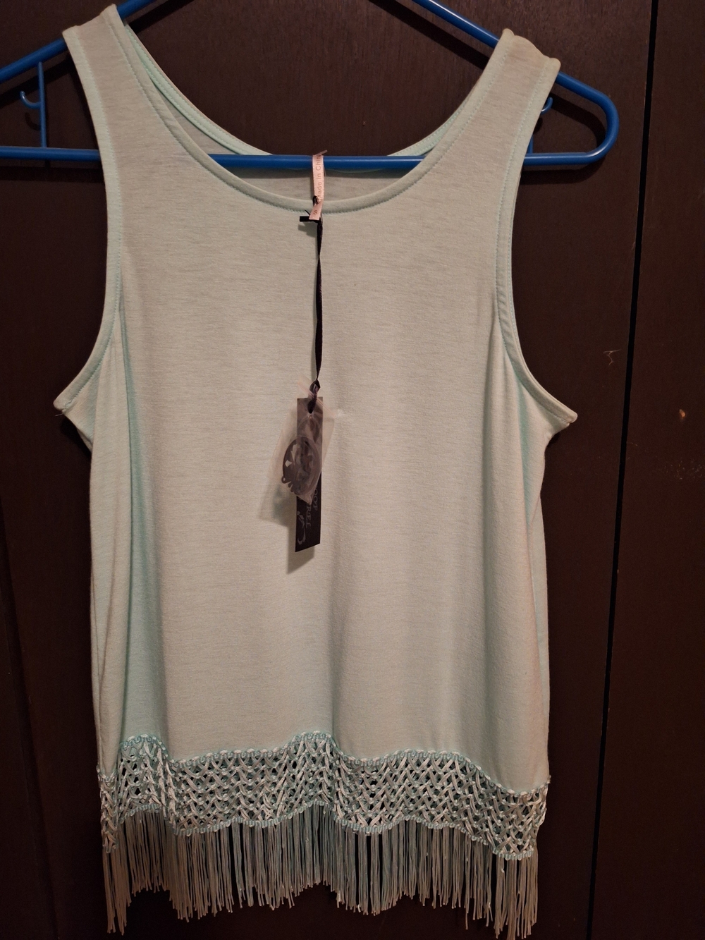 Sleeveless Fringe Hem Tank Top - Light Blueish/greenish